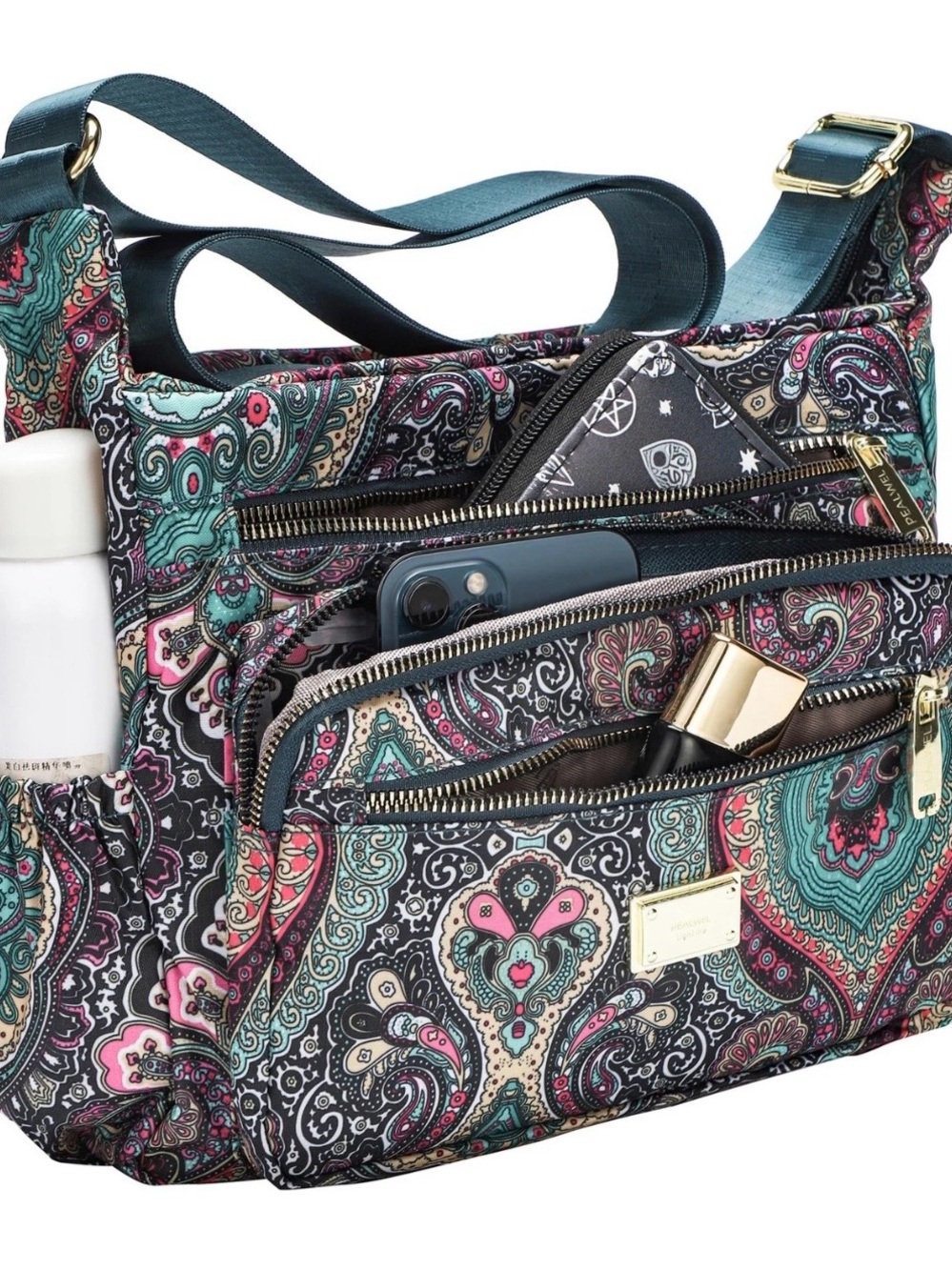 Teal, Pink & Black Paisley Crossbody Bag NEW